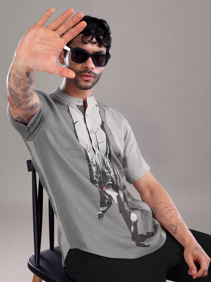 Surreal Forest Art Print Pure Linen Shirt – Cool Grey - CLOHI