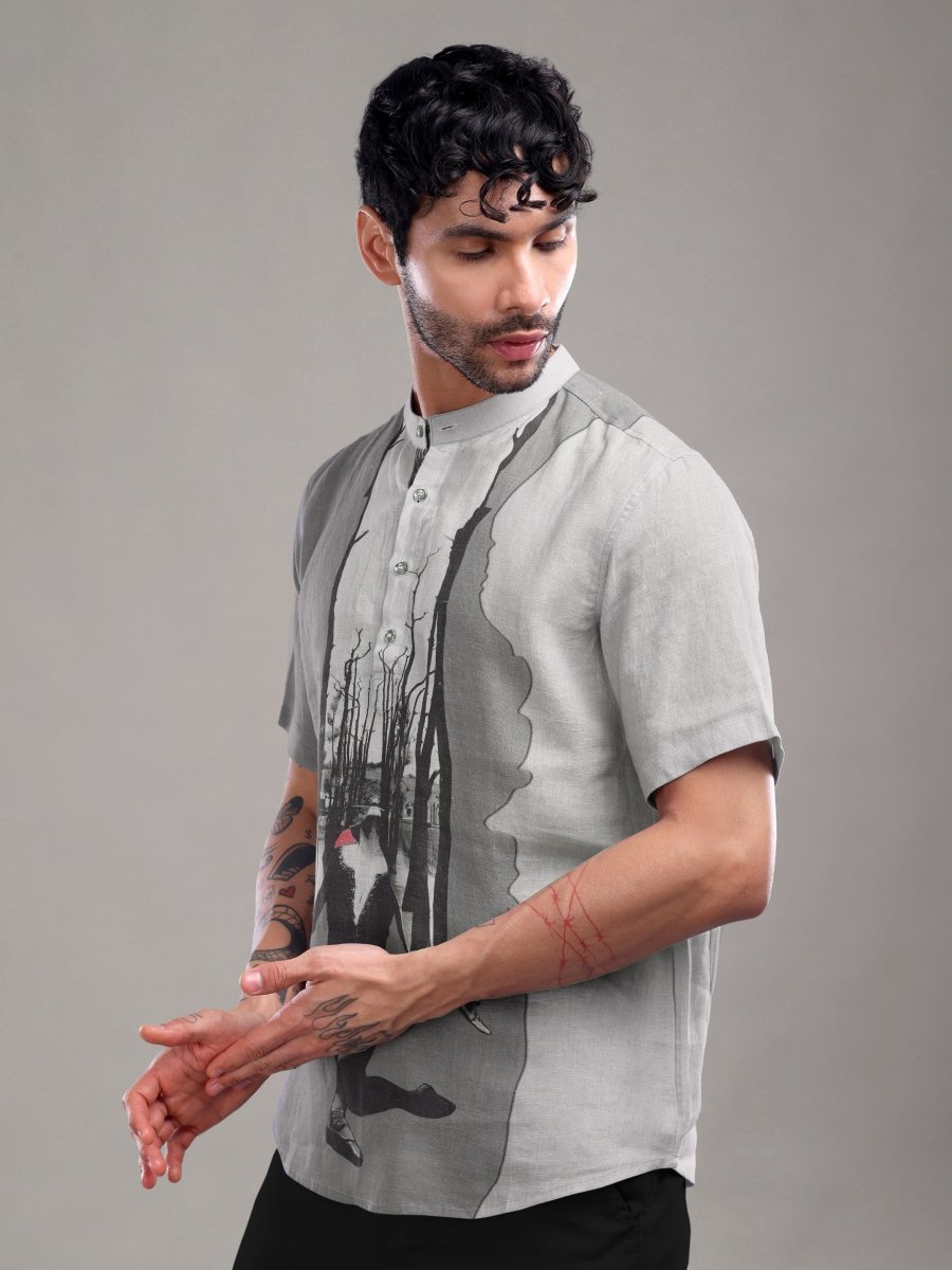 Surreal Forest Art Print Pure Linen Shirt – Cool Grey - CLOHI