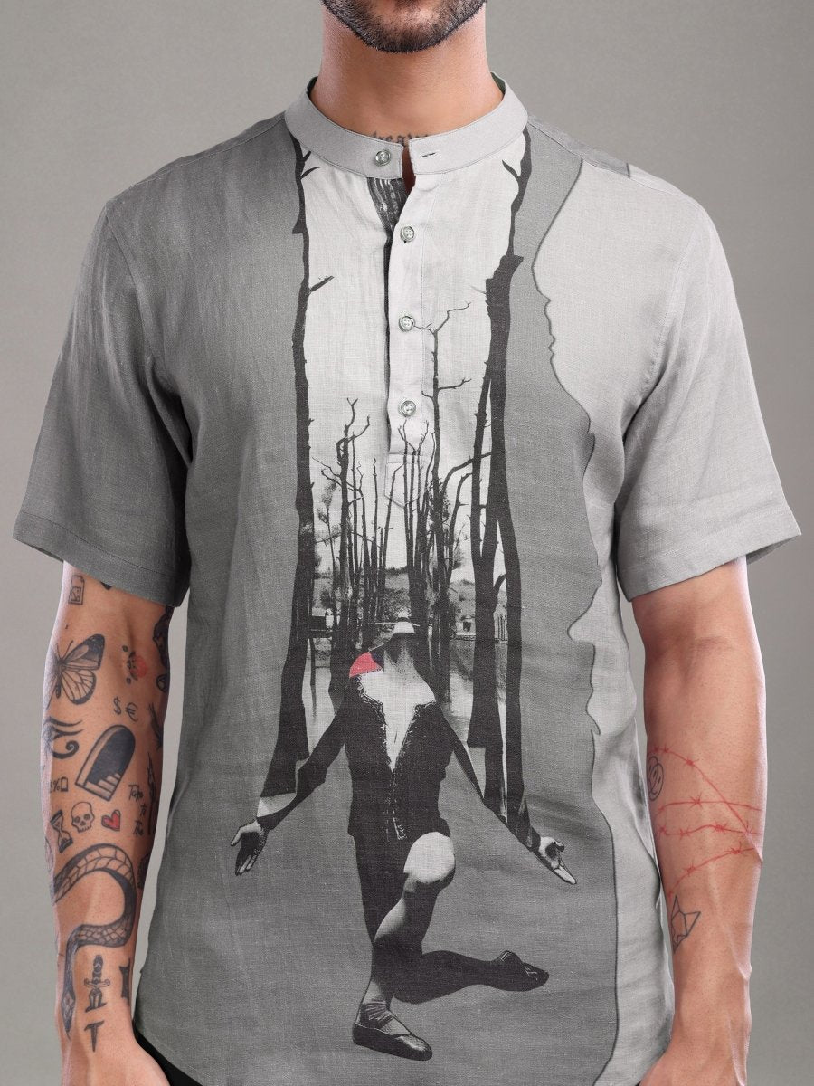 Surreal Forest Art Print Pure Linen Shirt – Cool Grey - CLOHI