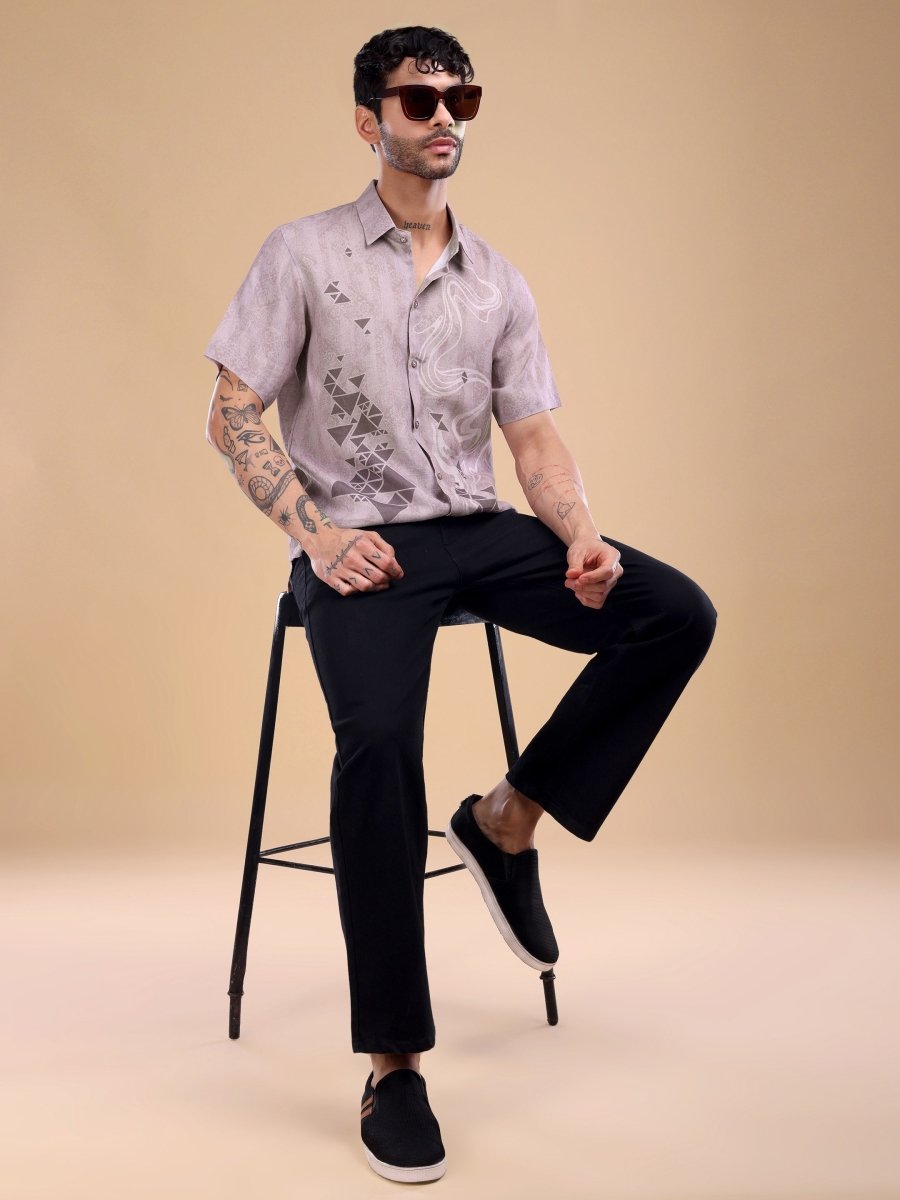 Taupe Geometric Flow Pure Linen Shirt – Artistic Casual Wear - CLOHI