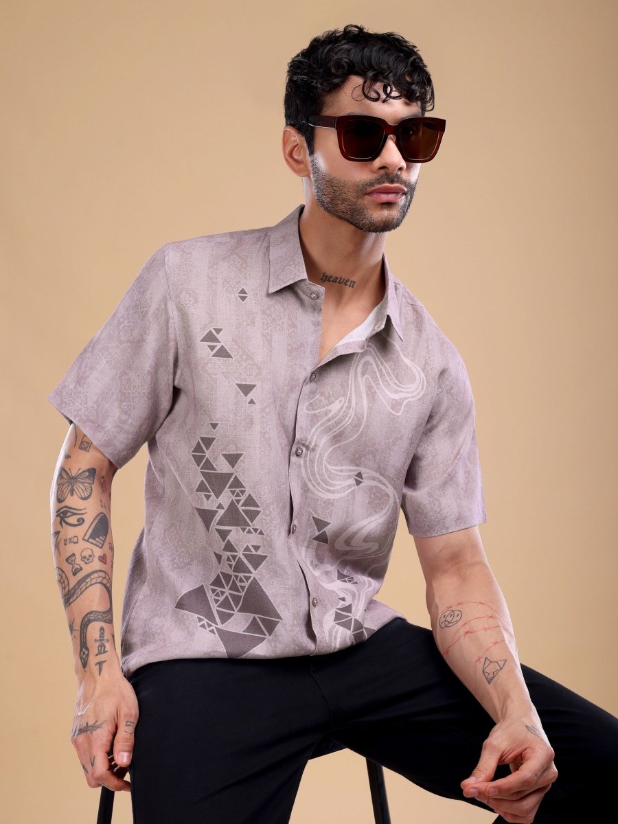 Taupe Geometric Flow Pure Linen Shirt – Artistic Casual Wear - CLOHI