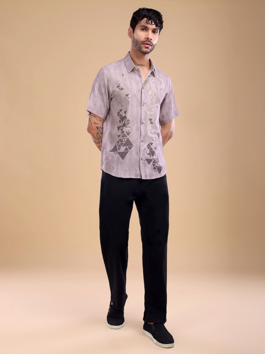 Taupe Geometric Flow Pure Linen Shirt – Artistic Casual Wear - CLOHI