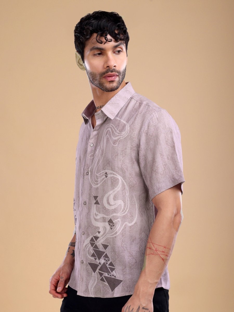 Taupe Geometric Flow Pure Linen Shirt – Artistic Casual Wear - CLOHI