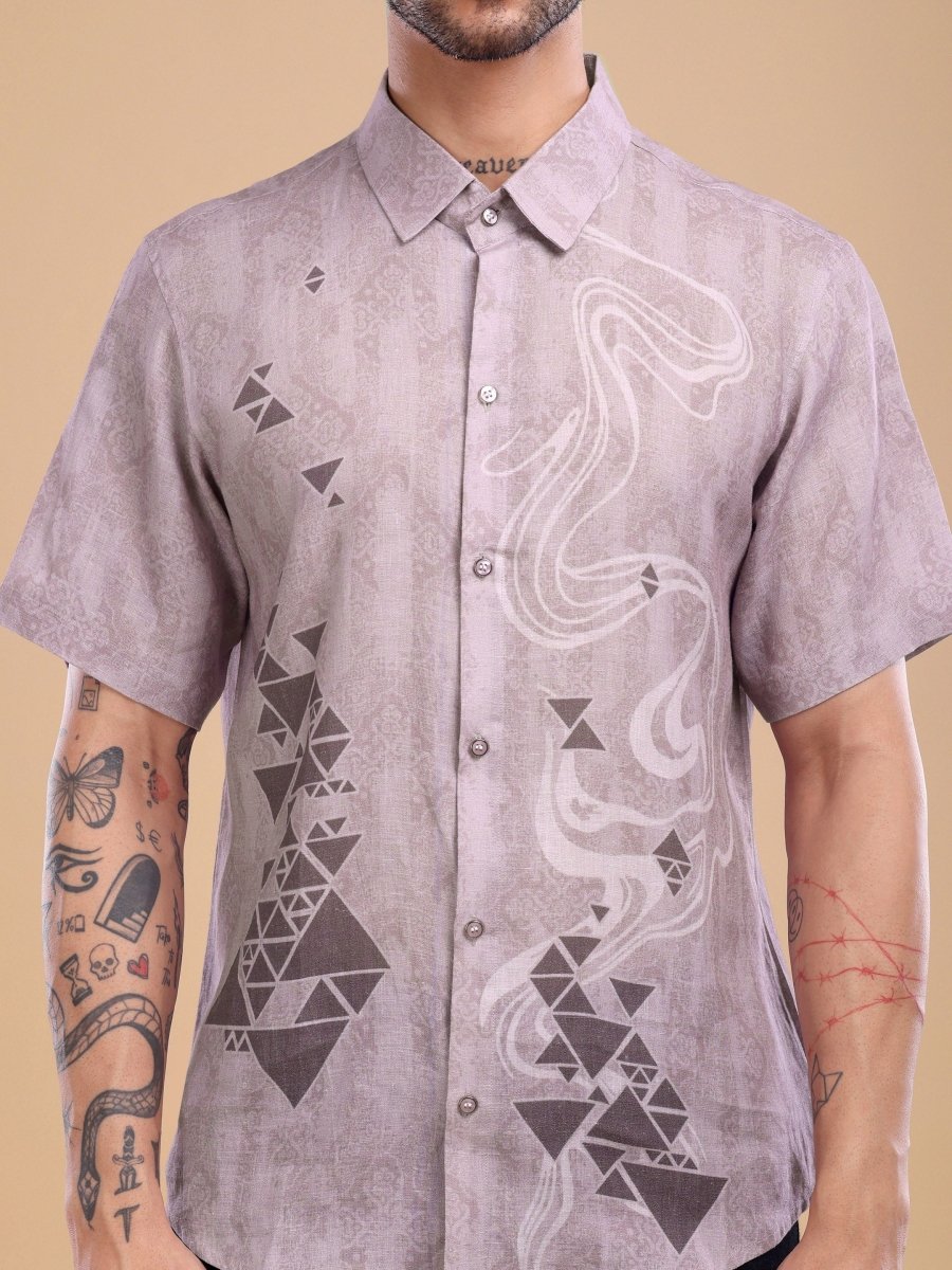 Taupe Geometric Flow Pure Linen Shirt – Artistic Casual Wear - CLOHI