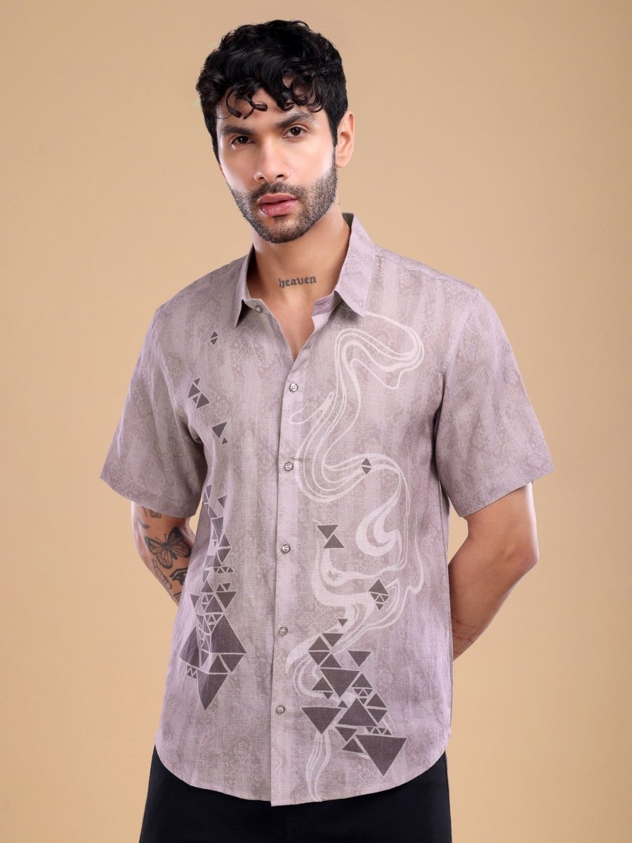 Taupe Geometric Flow Pure Linen Shirt – Artistic Casual Wear - CLOHI