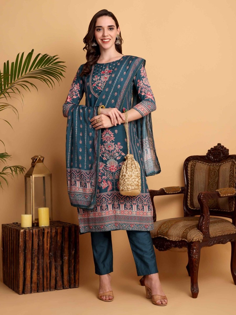 Teal Blue Kurta Set for Women - Hand Embroidered Viscose Maslin Suit - CLOHI