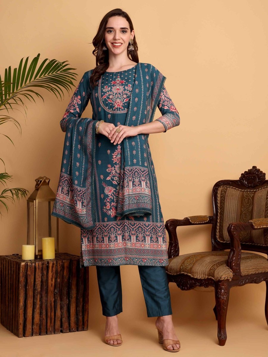 Teal Blue Kurta Set for Women - Hand Embroidered Viscose Maslin Suit - CLOHI