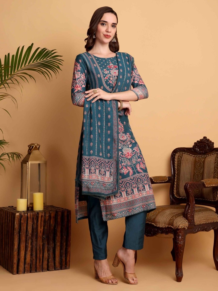 Teal Blue Kurta Set for Women - Hand Embroidered Viscose Maslin Suit - CLOHI