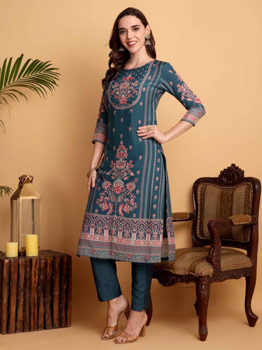Teal Blue Kurta Set for Women - Hand Embroidered Viscose Maslin Suit - CLOHI
