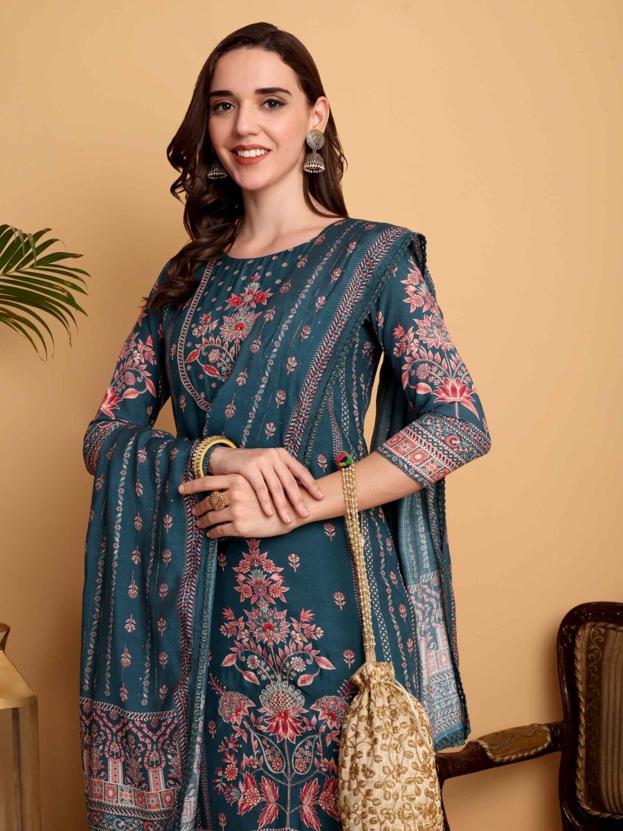 Teal Blue Kurta Set for Women - Hand Embroidered Viscose Maslin Suit - CLOHI