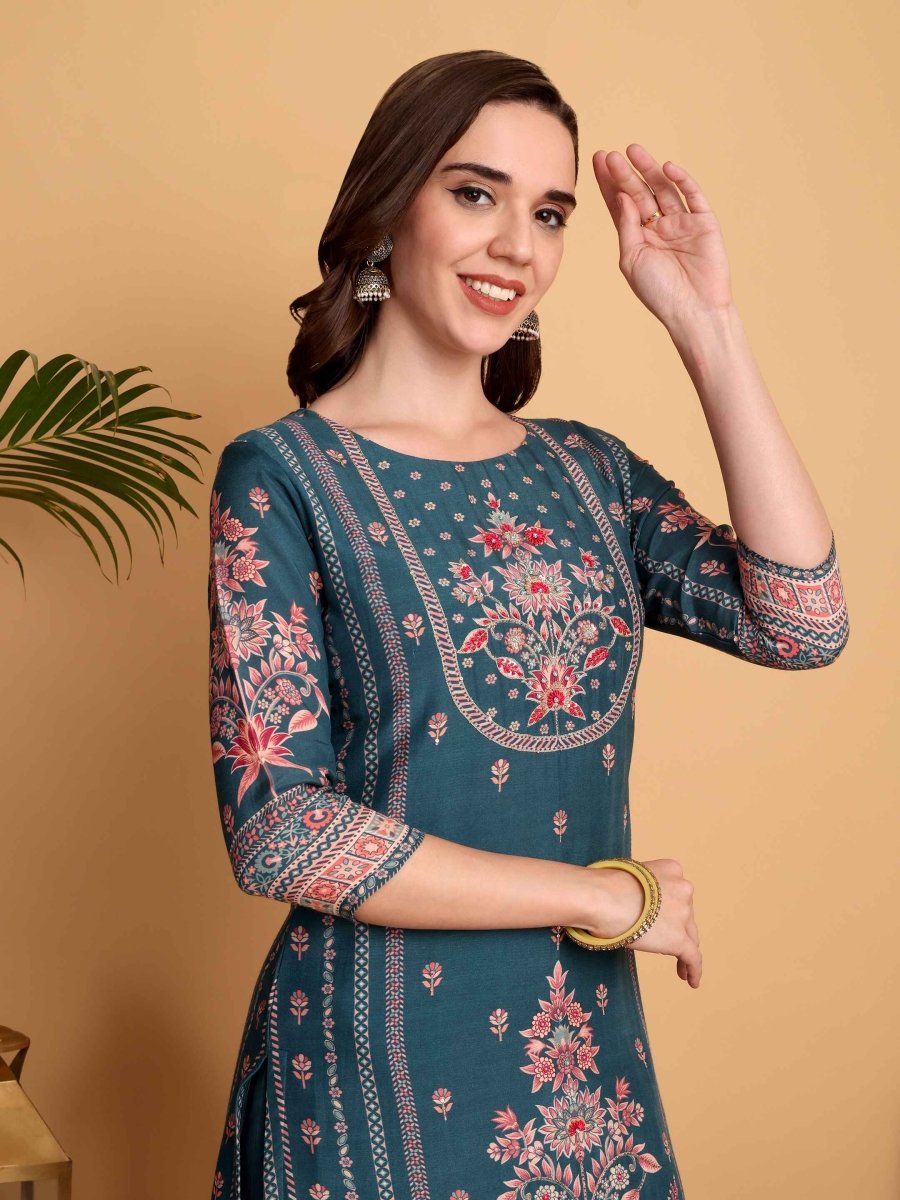Teal Blue Kurta Set for Women - Hand Embroidered Viscose Maslin Suit - CLOHI