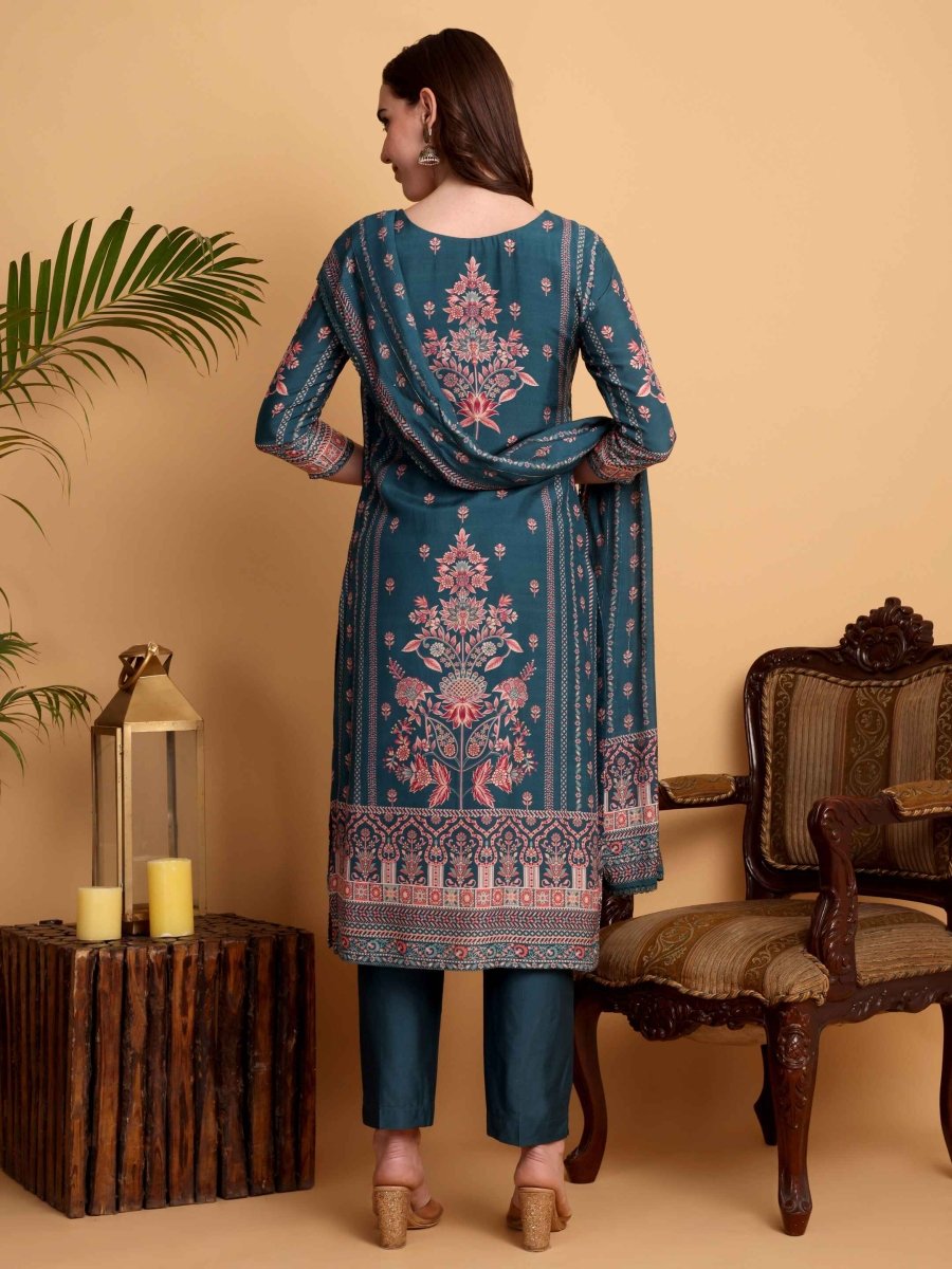 Teal Blue Kurta Set for Women - Hand Embroidered Viscose Maslin Suit - CLOHI