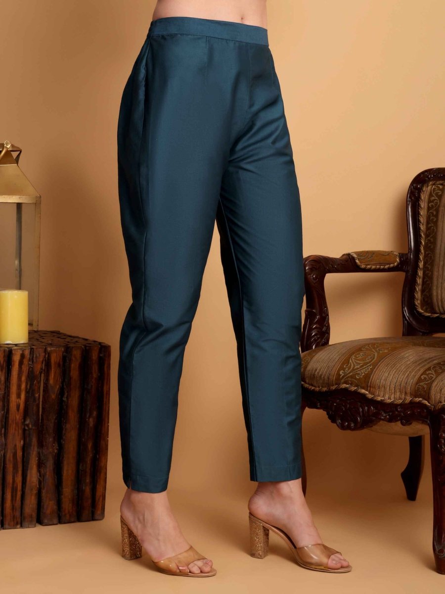 Teal Blue Kurta Set for Women - Hand Embroidered Viscose Maslin Suit - CLOHI