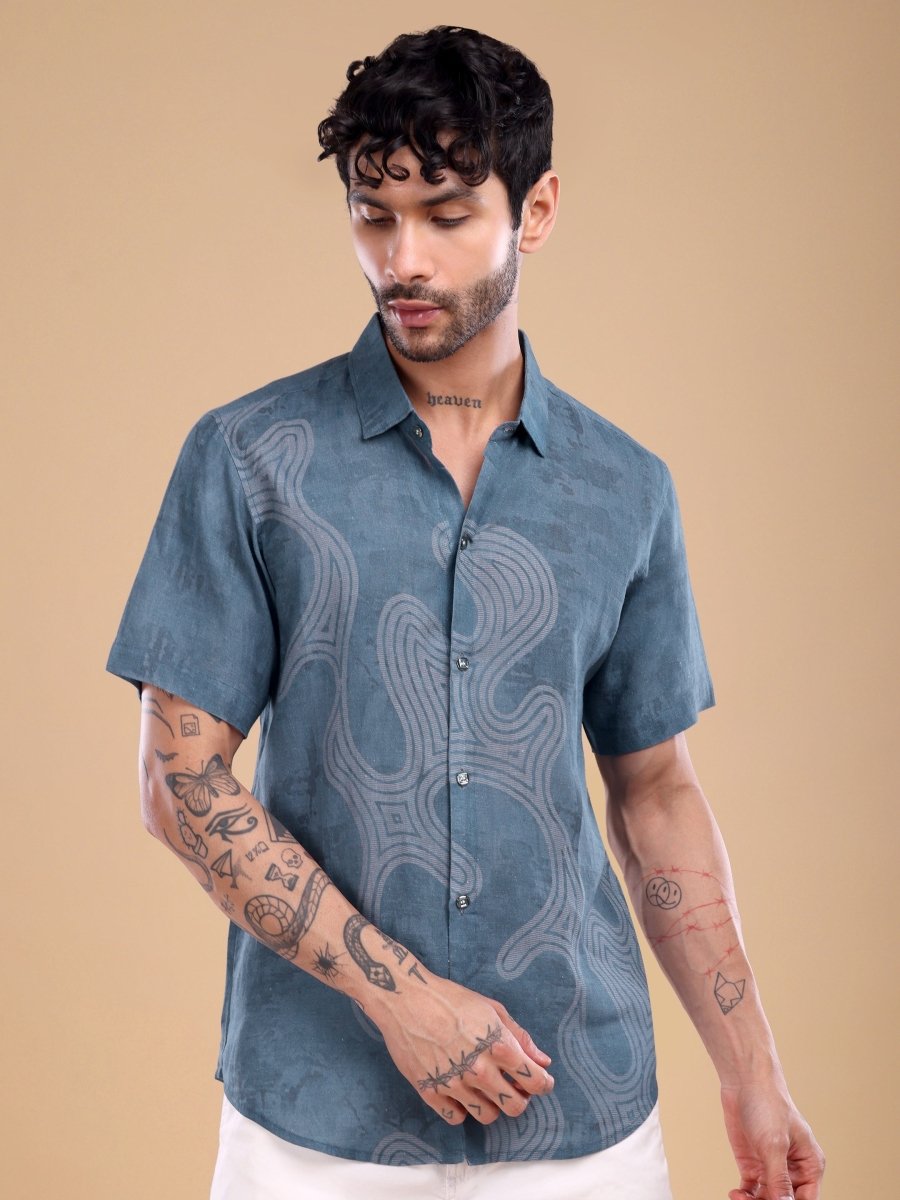 Teal Blue Pure Linen Shirt with Abstract Swirl Print - CLOHI