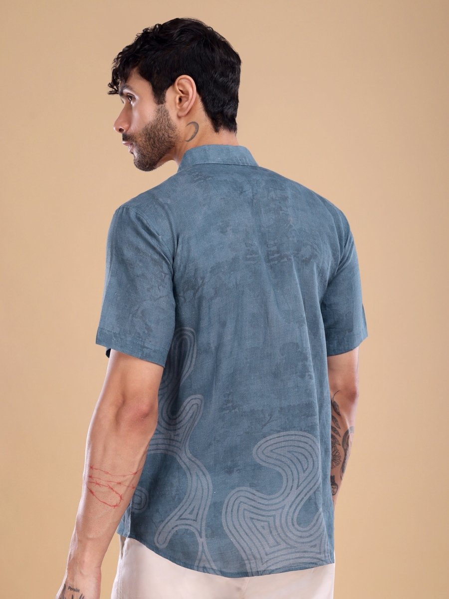 Teal Blue Pure Linen Shirt with Abstract Swirl Print - CLOHI