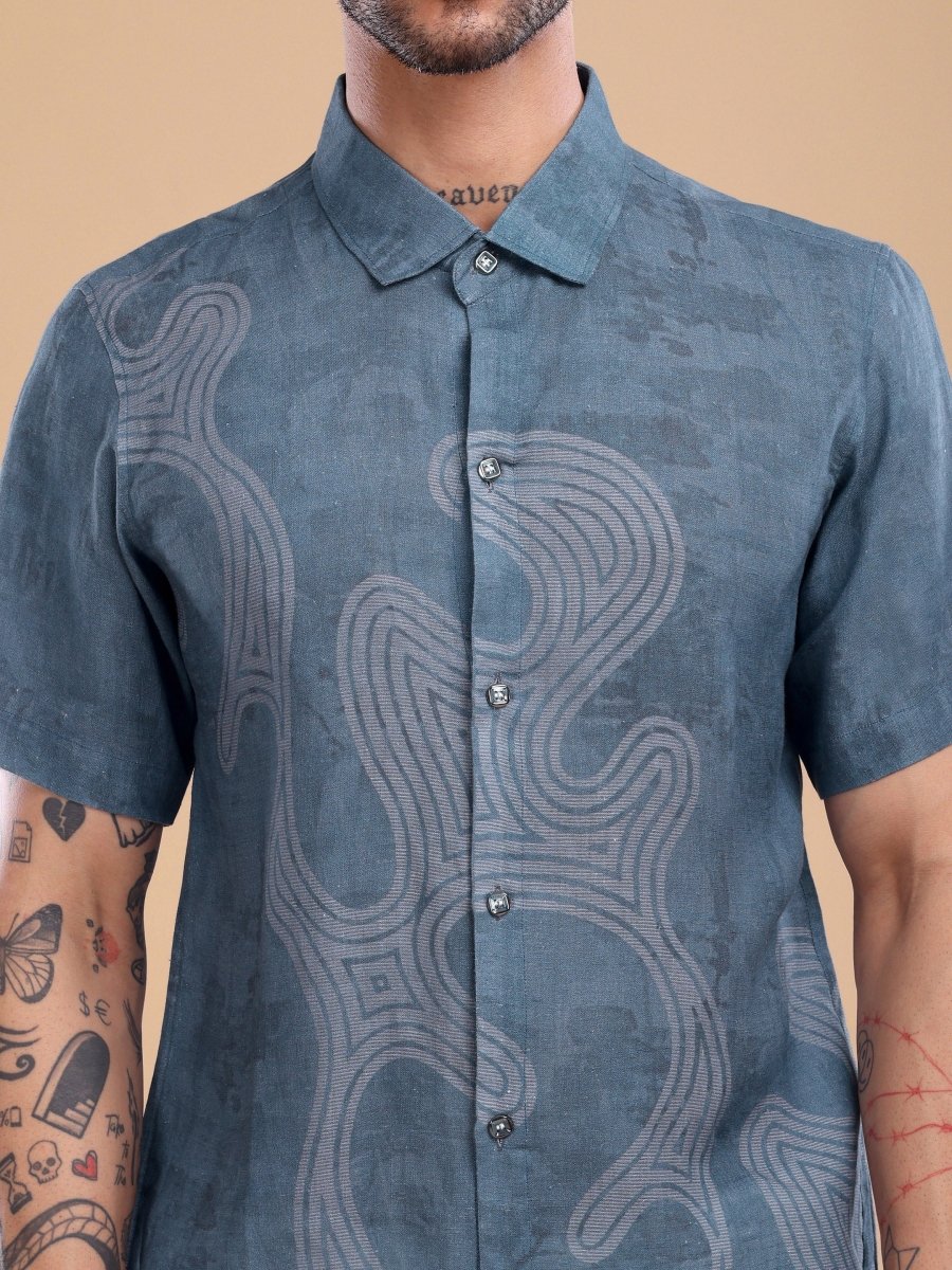 Teal Blue Pure Linen Shirt with Abstract Swirl Print - CLOHI