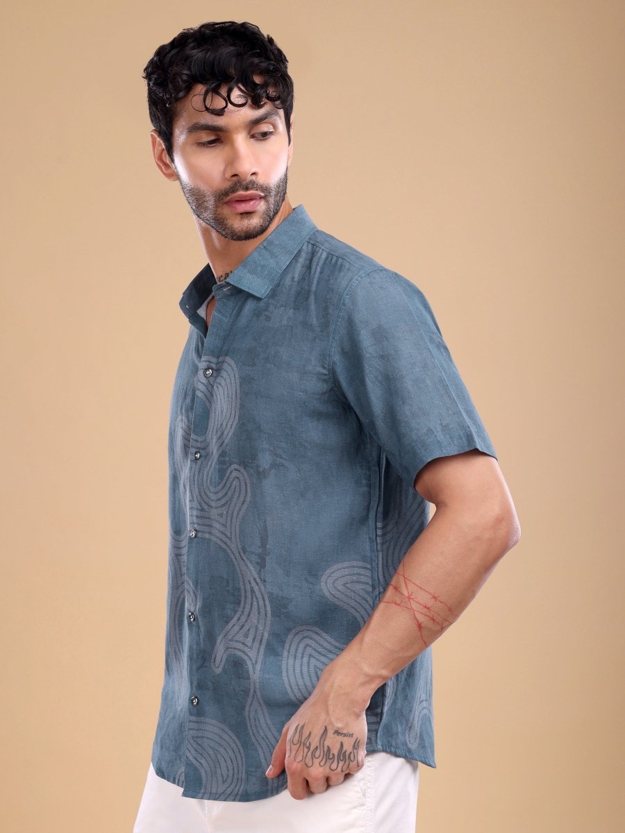 Teal Blue Pure Linen Shirt with Abstract Swirl Print - CLOHI