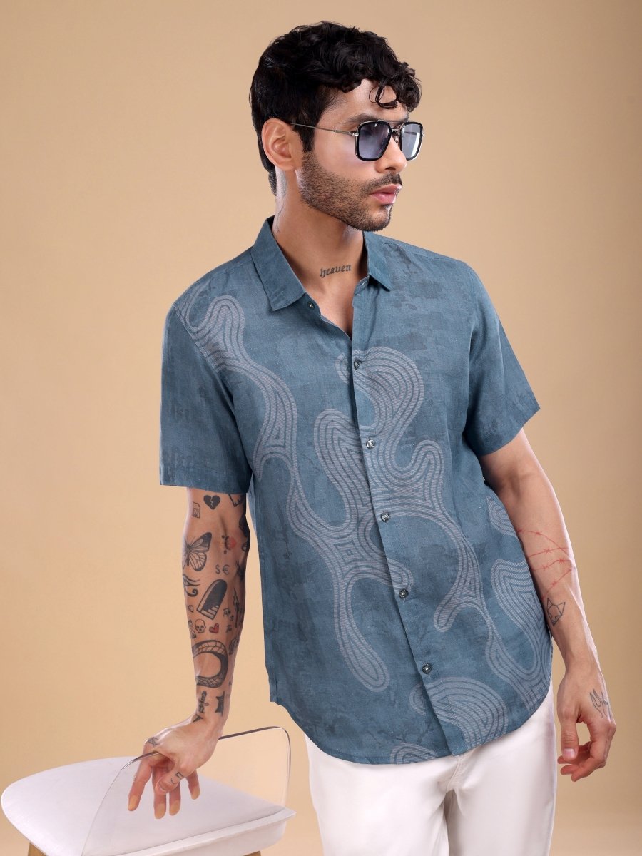 Teal Blue Pure Linen Shirt with Abstract Swirl Print - CLOHI