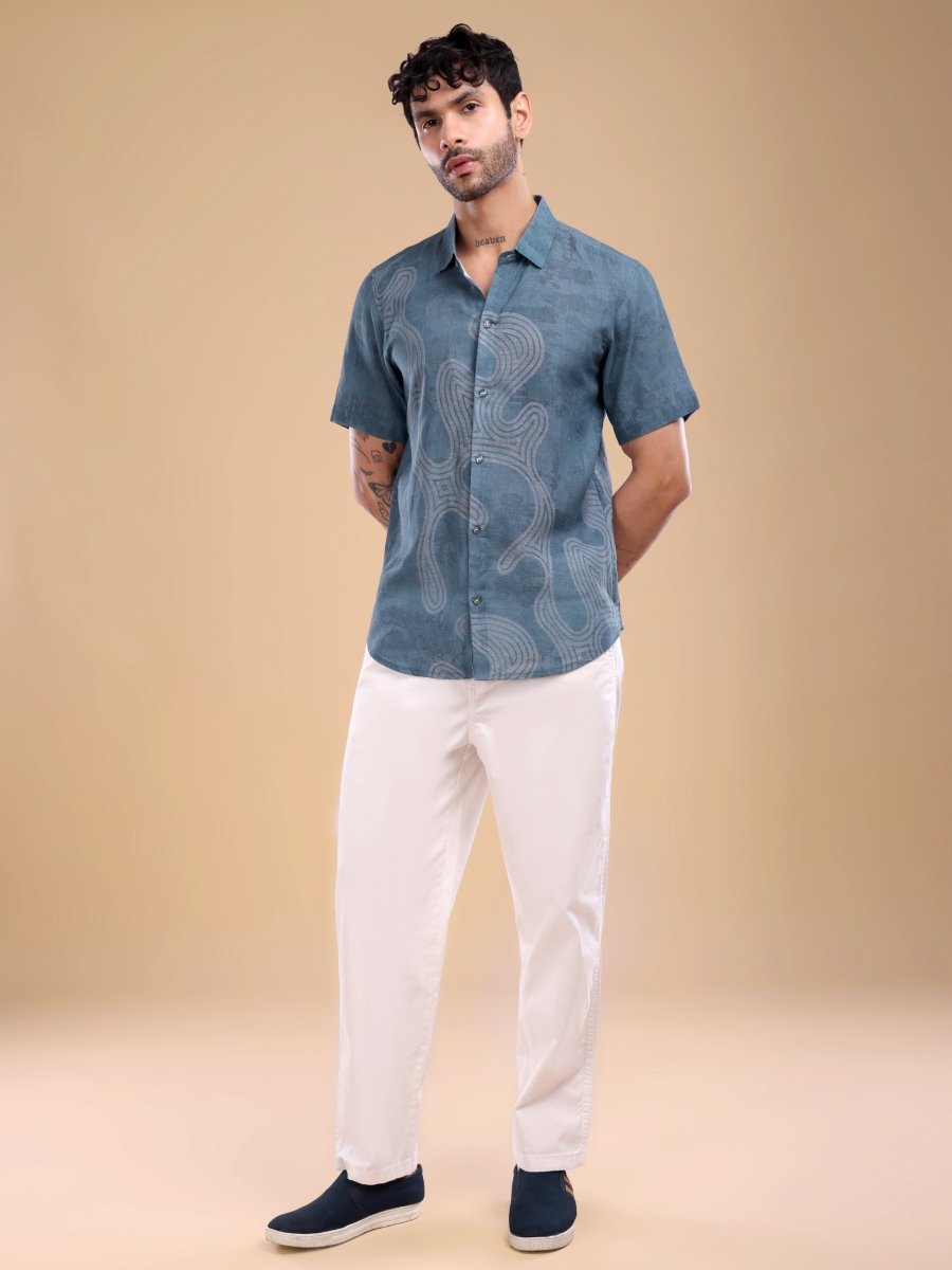 Teal Blue Pure Linen Shirt with Abstract Swirl Print - CLOHI
