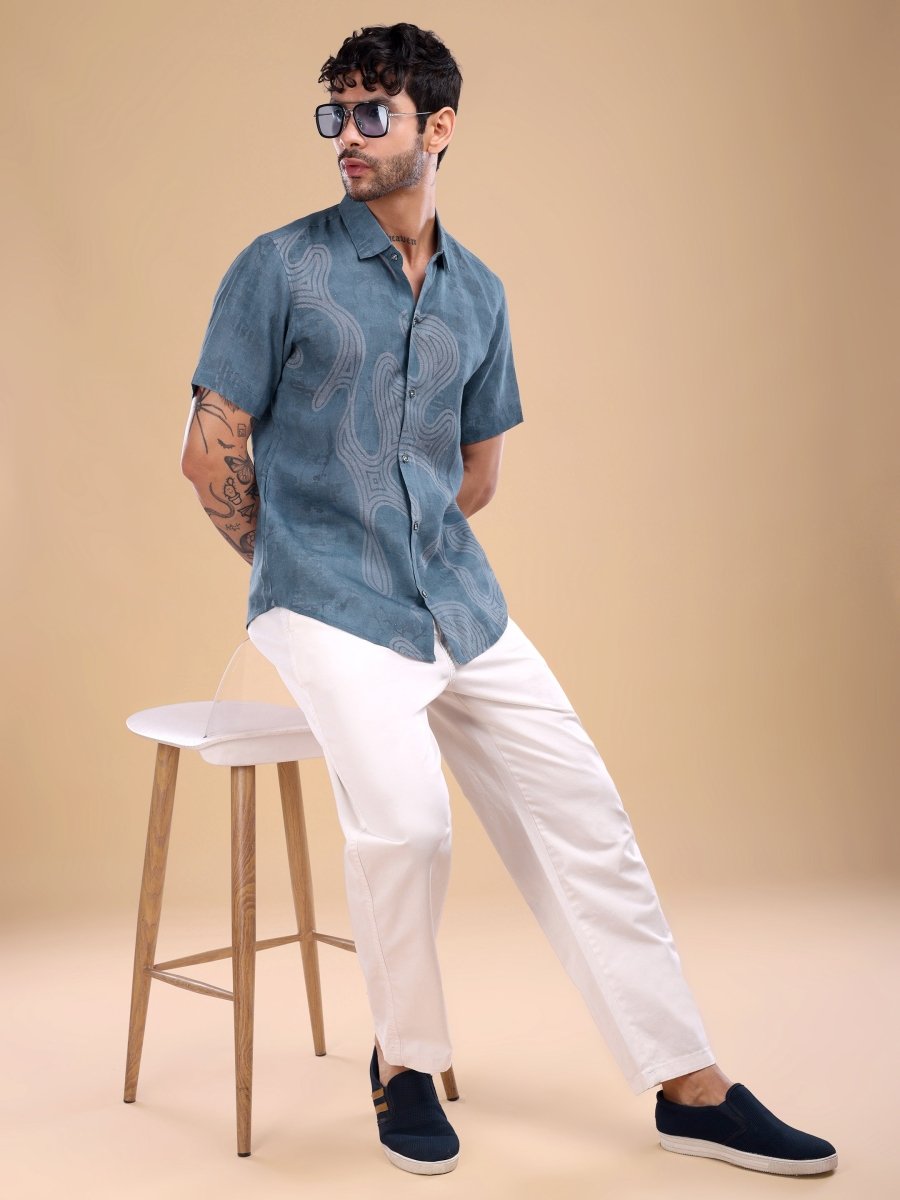 Teal Blue Pure Linen Shirt with Abstract Swirl Print - CLOHI