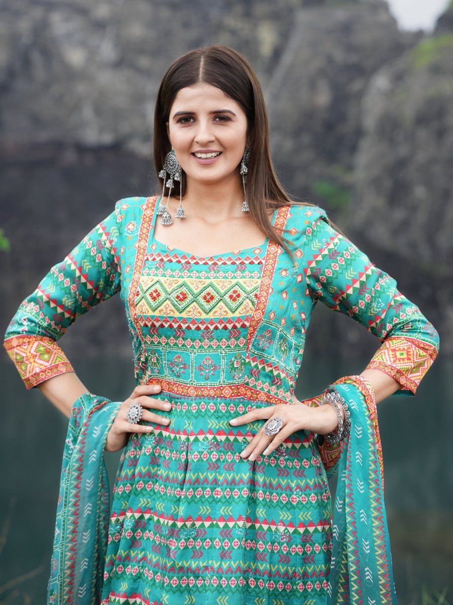 Turquoise Blue Patola Print Anarkali Gown Set - CLOHI