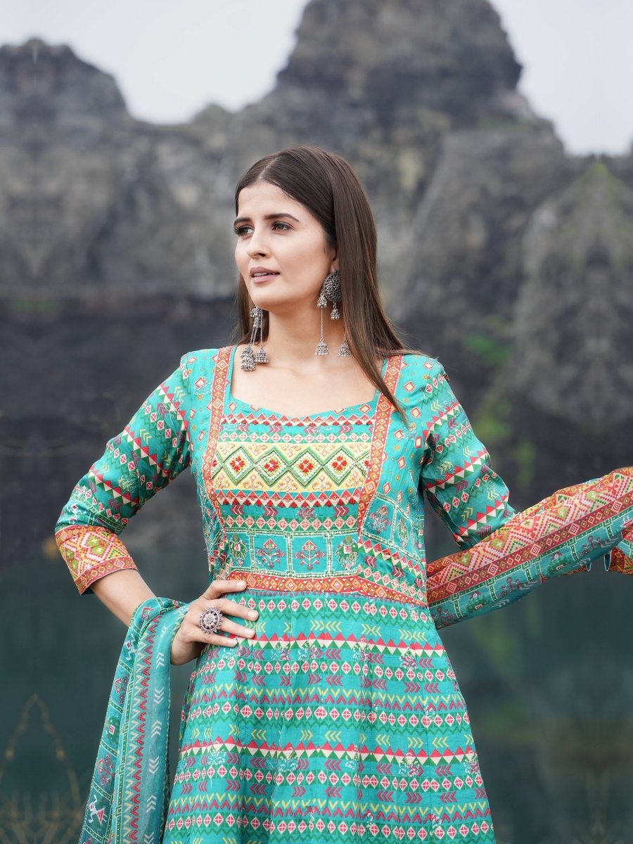 Turquoise Blue Patola Print Anarkali Gown Set - CLOHI
