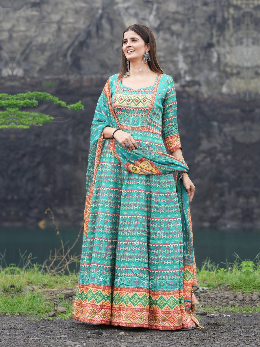 Turquoise Blue Patola Print Anarkali Gown Set - CLOHI