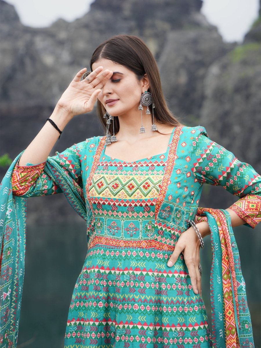 Turquoise Blue Patola Print Anarkali Gown Set - CLOHI