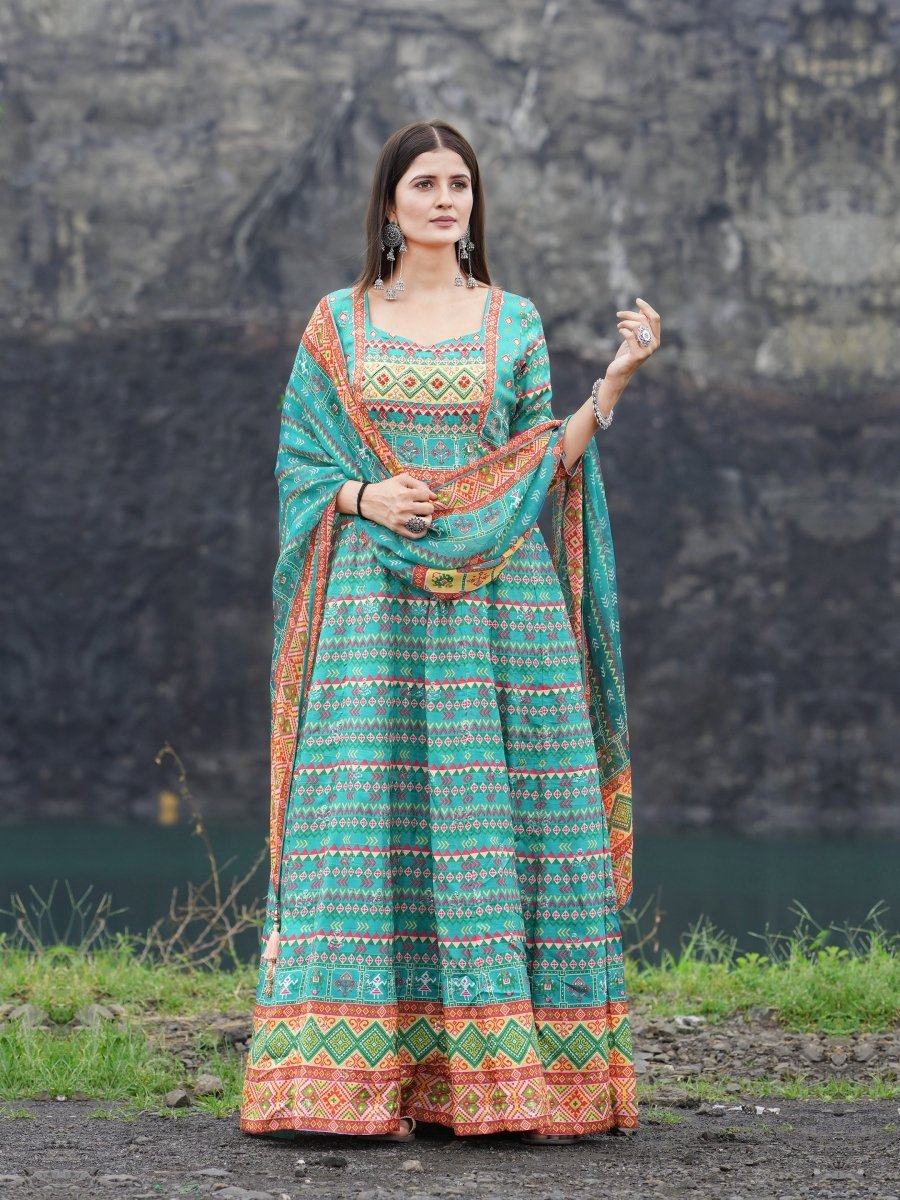 Turquoise Blue Patola Print Anarkali Gown Set - CLOHI