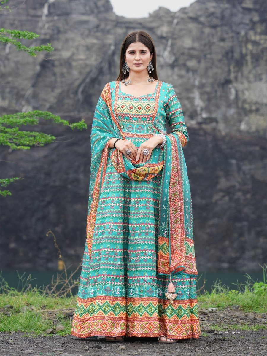 Turquoise Blue Patola Print Anarkali Gown Set - CLOHI