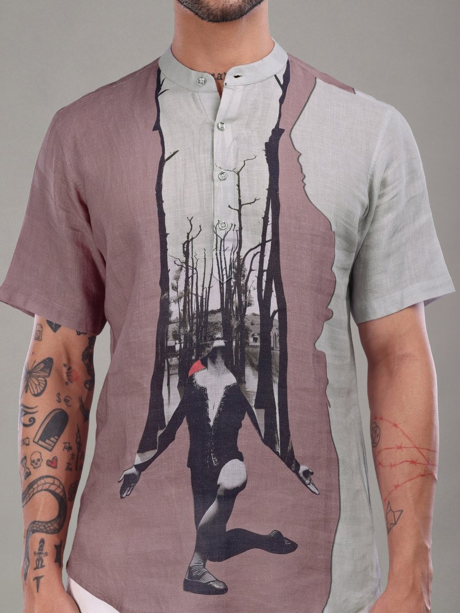 Two - Tone Artistic Forest Print Pure Linen Shirt - CLOHI