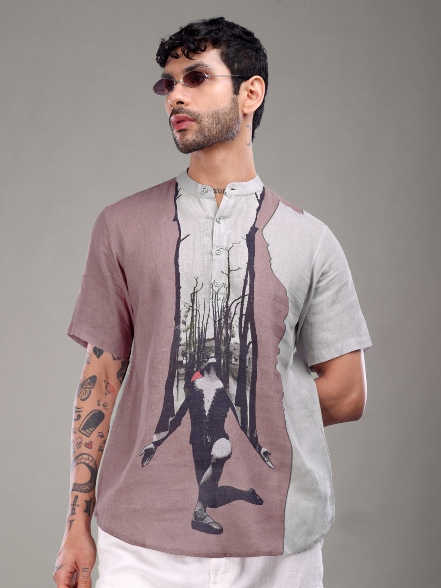 Two - Tone Artistic Forest Print Pure Linen Shirt - CLOHI