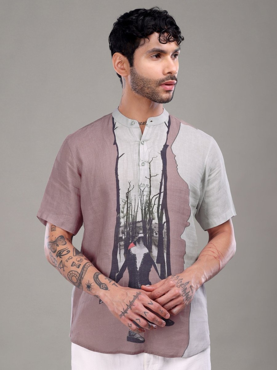 Two - Tone Artistic Forest Print Pure Linen Shirt - CLOHI