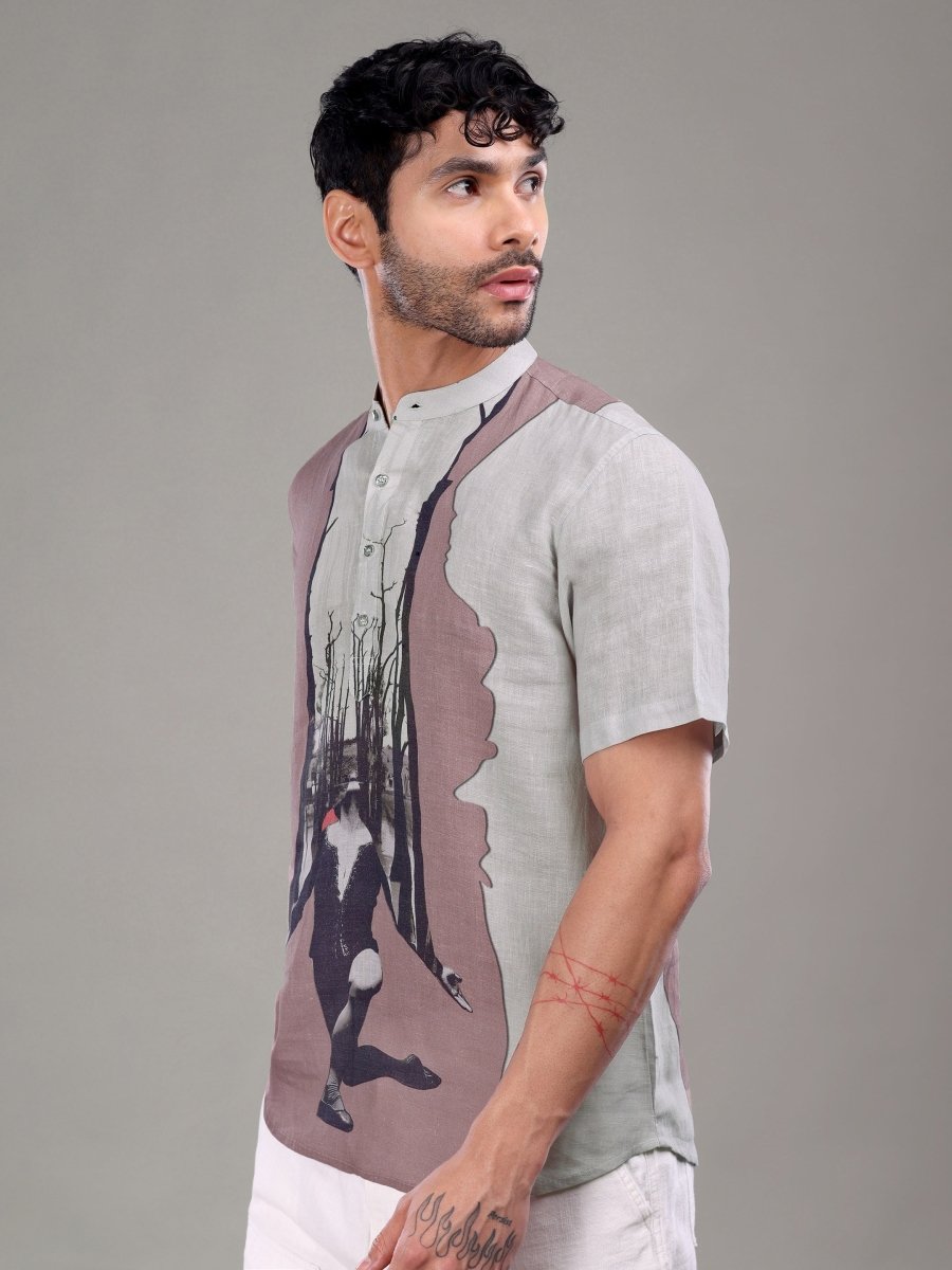 Two - Tone Artistic Forest Print Pure Linen Shirt - CLOHI