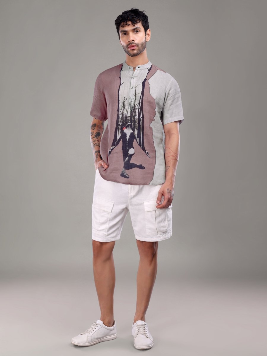 Two - Tone Artistic Forest Print Pure Linen Shirt - CLOHI