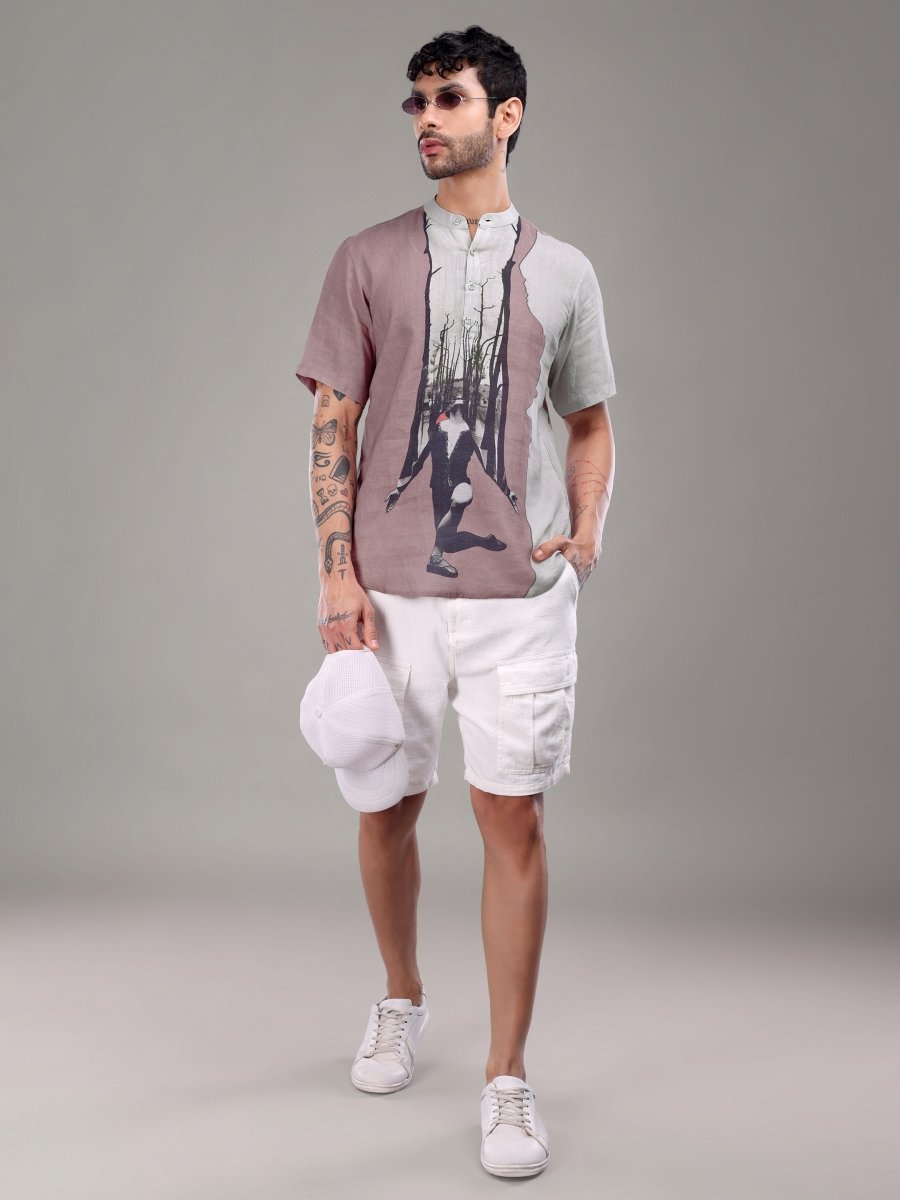 Two - Tone Artistic Forest Print Pure Linen Shirt - CLOHI