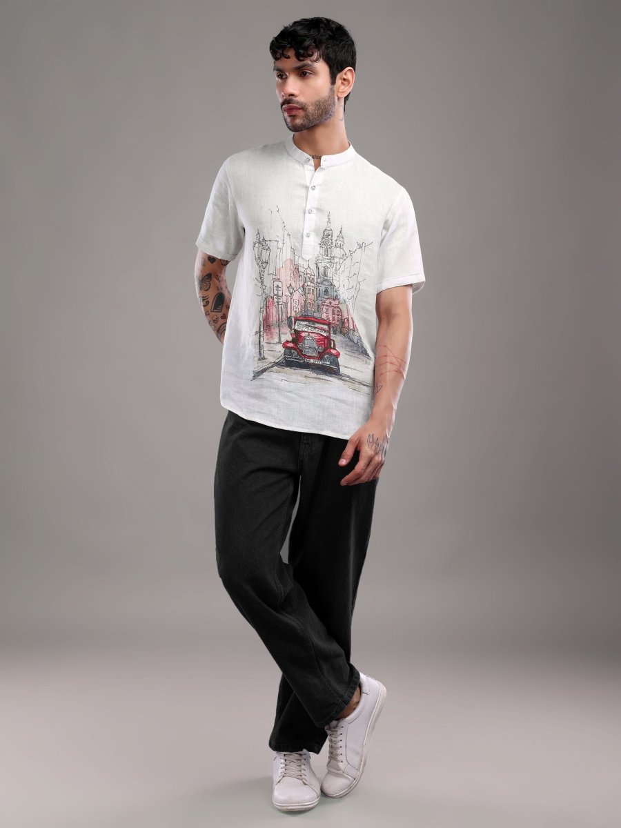 Urban Vintage Car Sketch Pure Linen Shirt - CLOHI