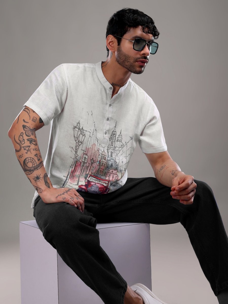 Urban Vintage Car Sketch Pure Linen Shirt - CLOHI