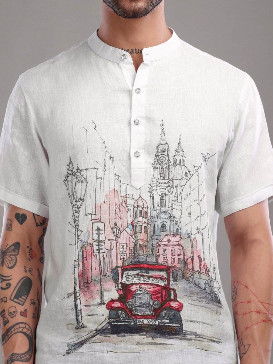 Urban Vintage Car Sketch Pure Linen Shirt - CLOHI