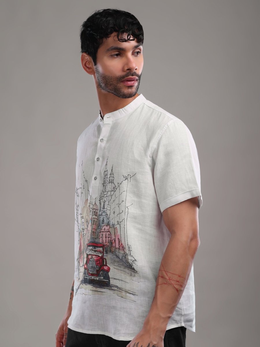 Urban Vintage Car Sketch Pure Linen Shirt - CLOHI