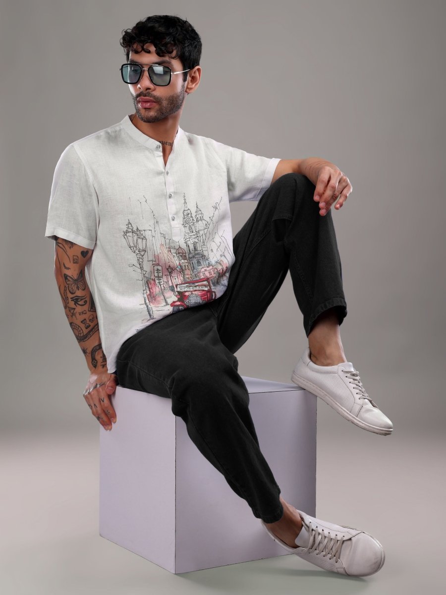 Urban Vintage Car Sketch Pure Linen Shirt - CLOHI