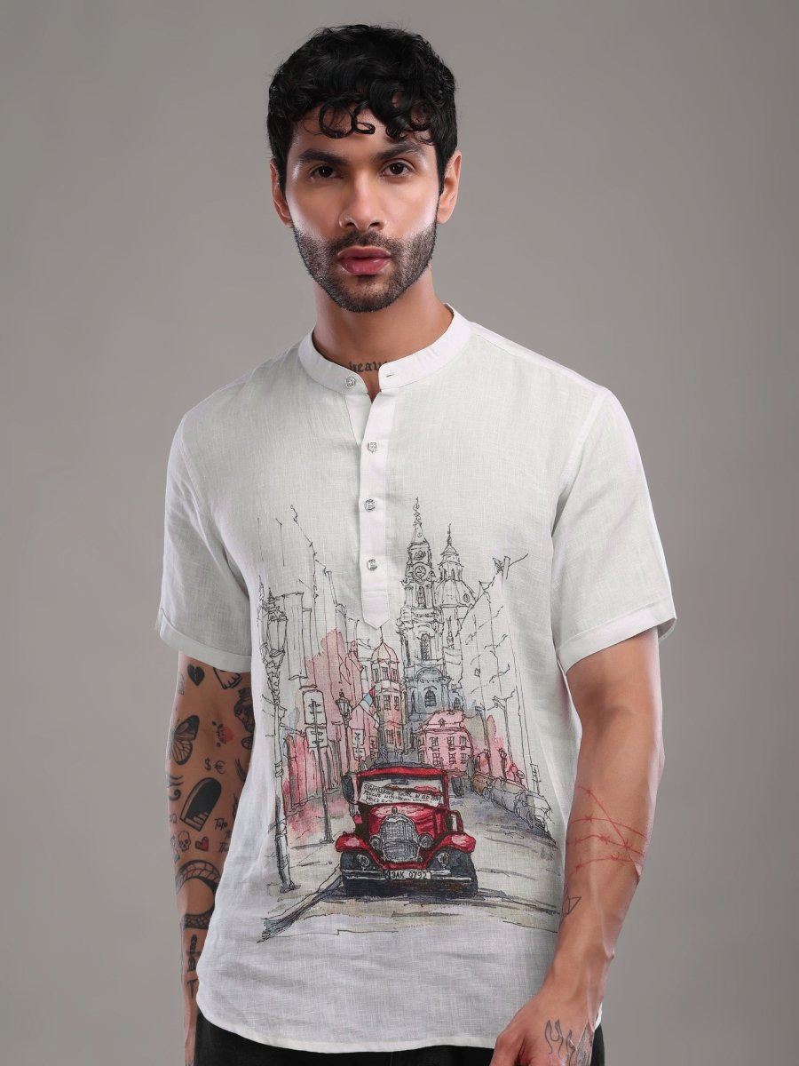 Urban Vintage Car Sketch Pure Linen Shirt - CLOHI