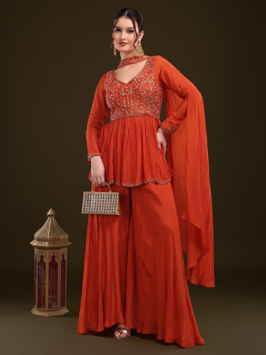 Vibrant Orange Embroidered Peplum Palazzo Set in Viscose Chinon - CLOHI