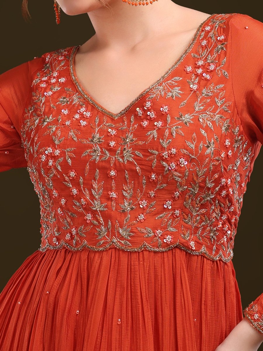 Vibrant Orange Embroidered Peplum Palazzo Set in Viscose Chinon - CLOHI