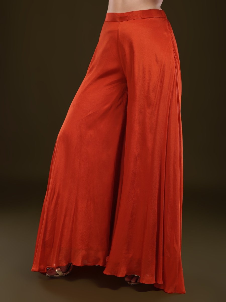 Vibrant Orange Embroidered Peplum Palazzo Set in Viscose Chinon - CLOHI