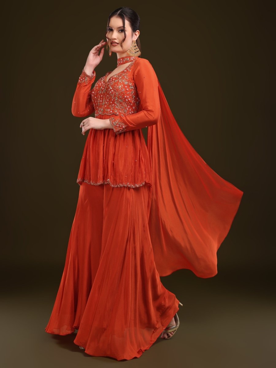 Vibrant Orange Embroidered Peplum Palazzo Set in Viscose Chinon - CLOHI