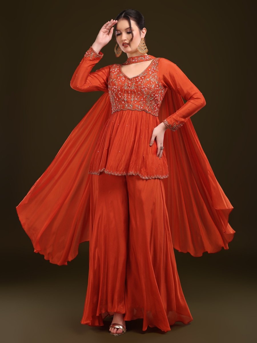 Vibrant Orange Embroidered Peplum Palazzo Set in Viscose Chinon - CLOHI