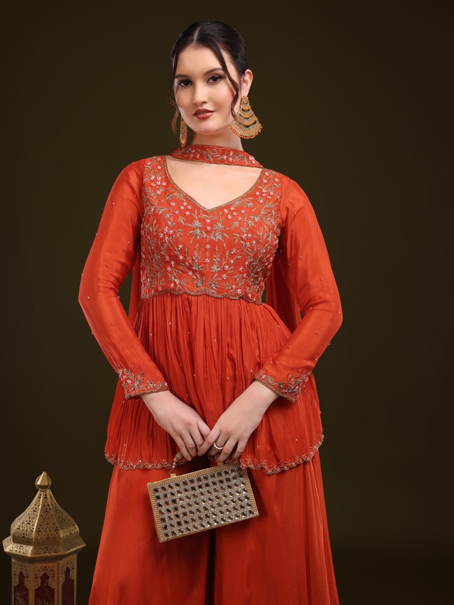 Vibrant Orange Embroidered Peplum Palazzo Set in Viscose Chinon - CLOHI