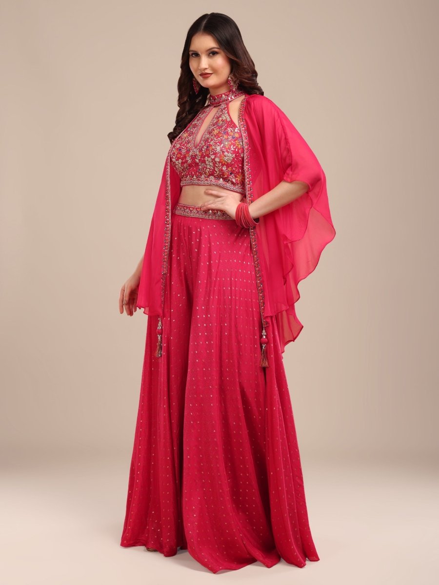 Vibrant Pink Embroidered Viscose Chinon Palazzo Set with Cape - CLOHI