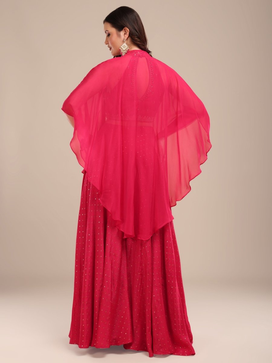 Vibrant Pink Embroidered Viscose Chinon Palazzo Set with Cape - CLOHI
